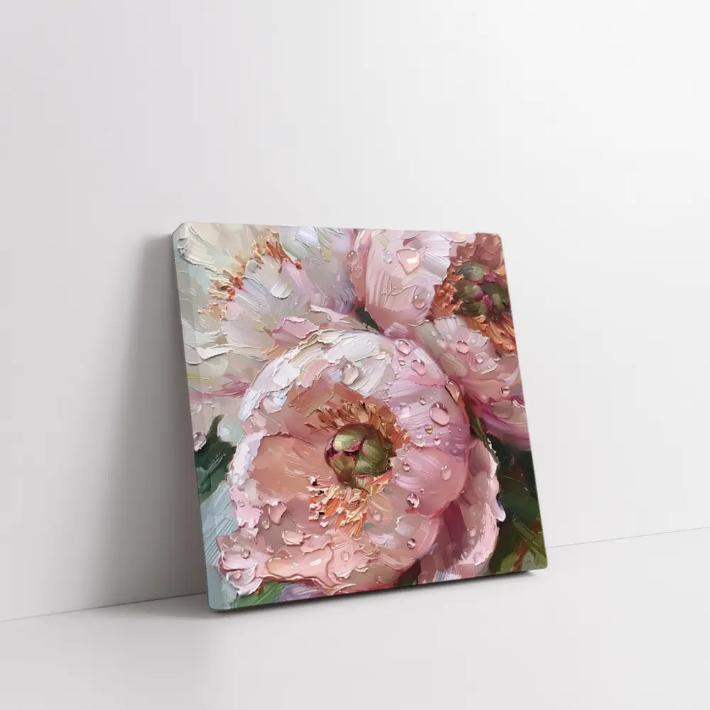 Pink Peonies Oil Painting With Water Drops – Wall Art