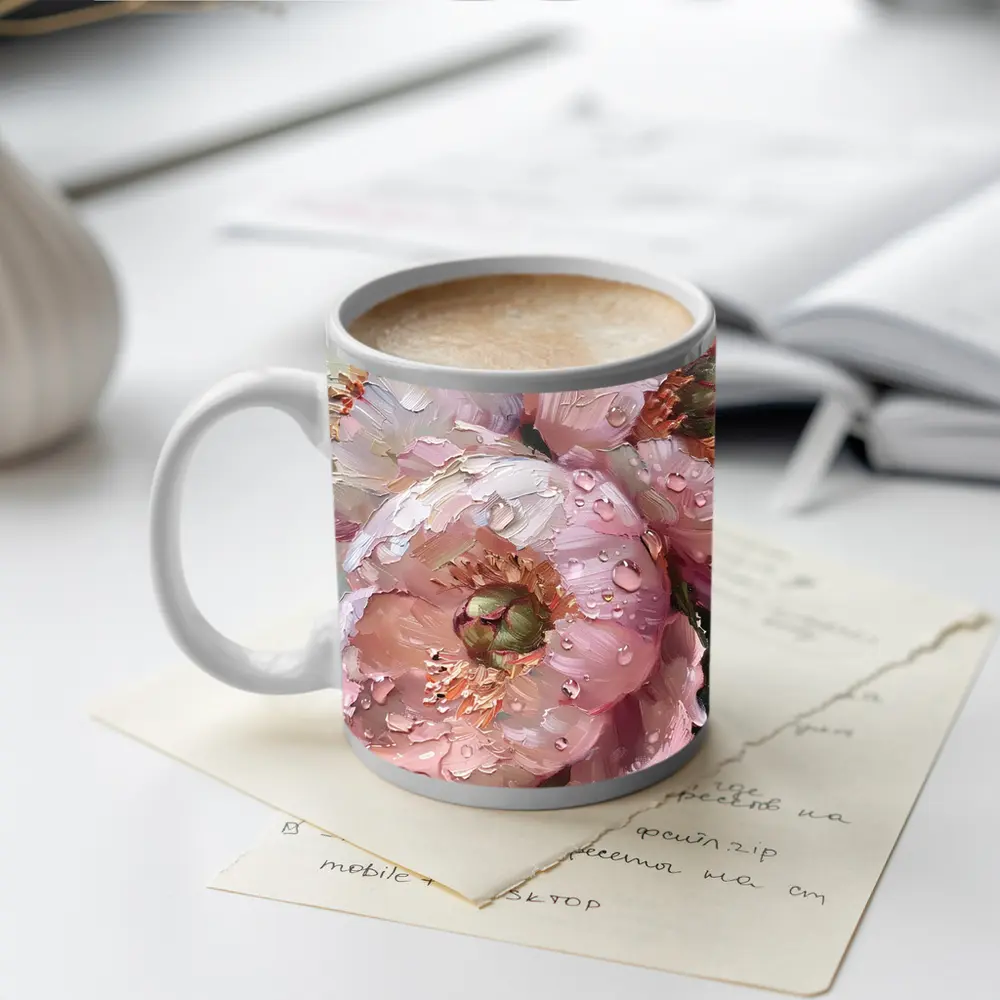 Pink Peonies Oil Painting With Water Drops – Mugs