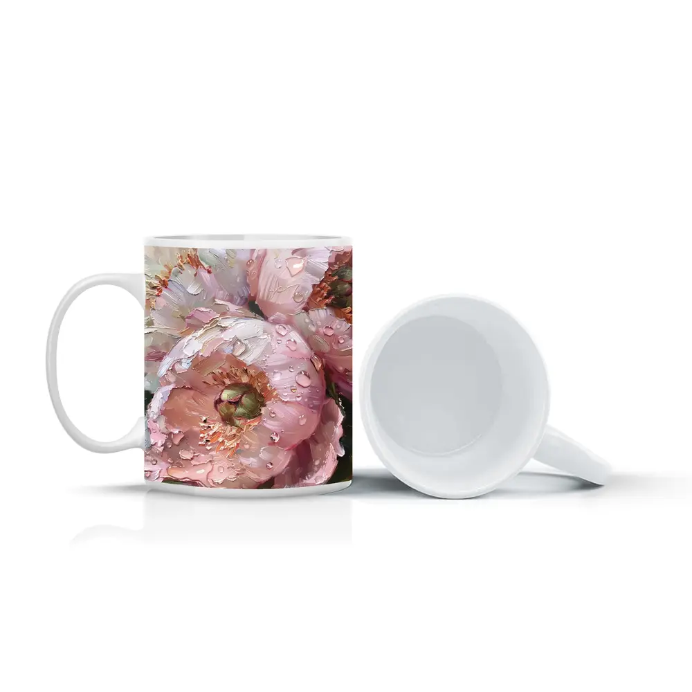 Pink Peonies Oil Painting With Water Drops – Mugs