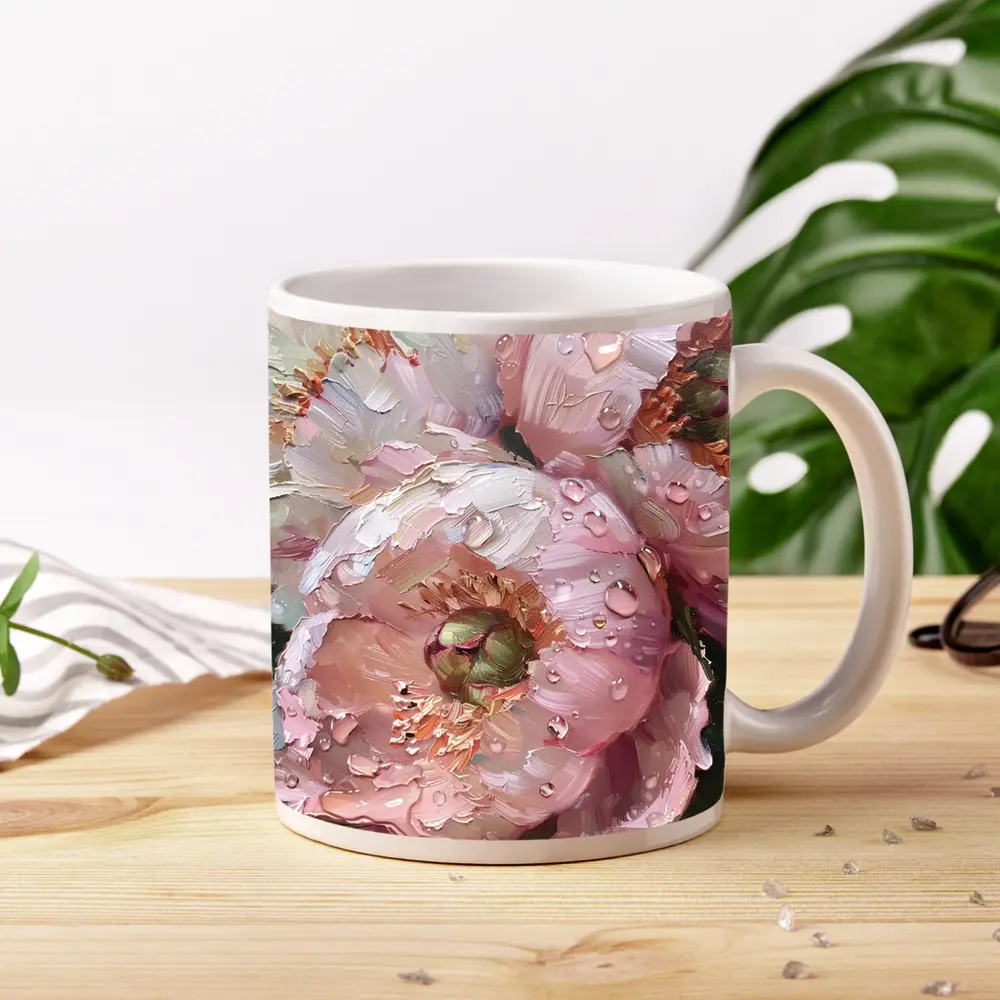 Pink Peonies Oil Painting With Water Drops – Mugs