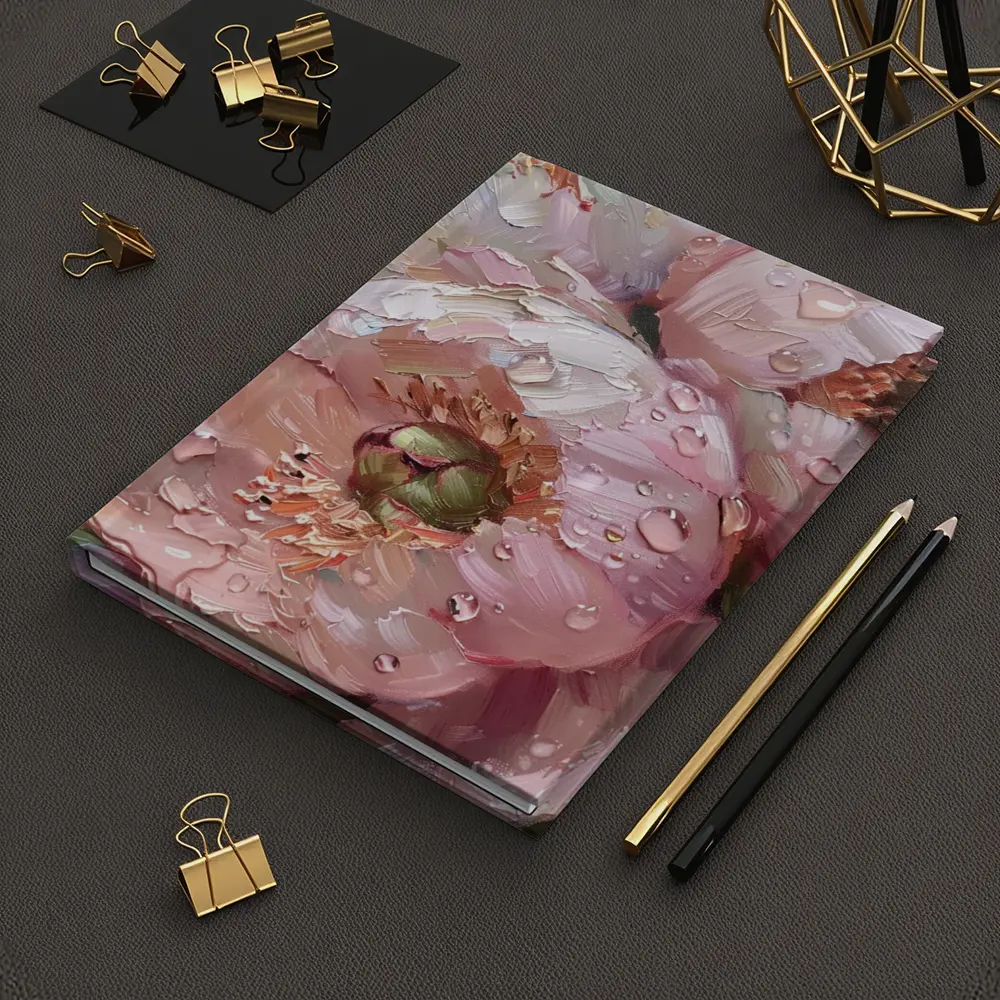 Pink Peonies Oil Painting With Water Drops – Notebooks