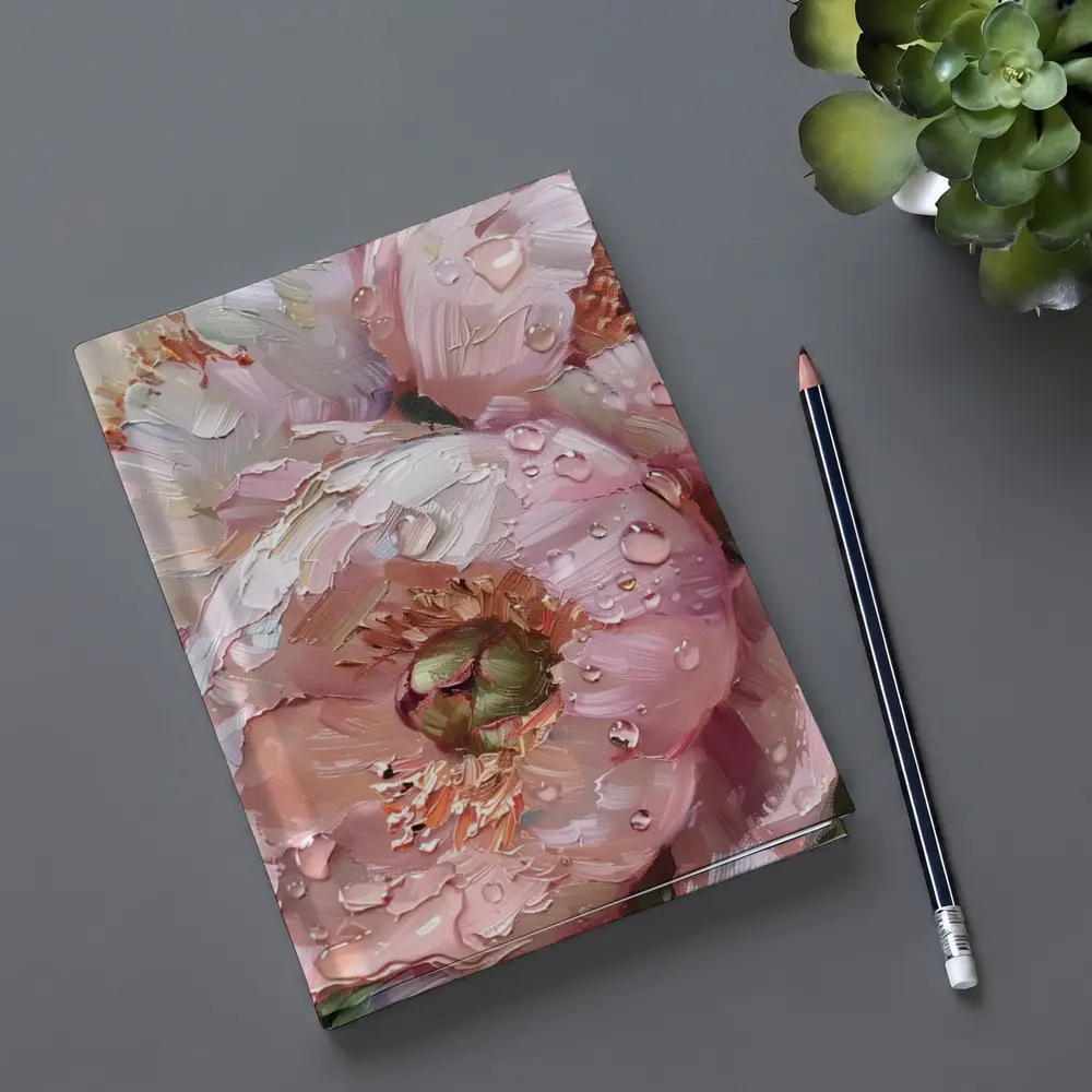 Pink Peonies Oil Painting With Water Drops – Notebooks