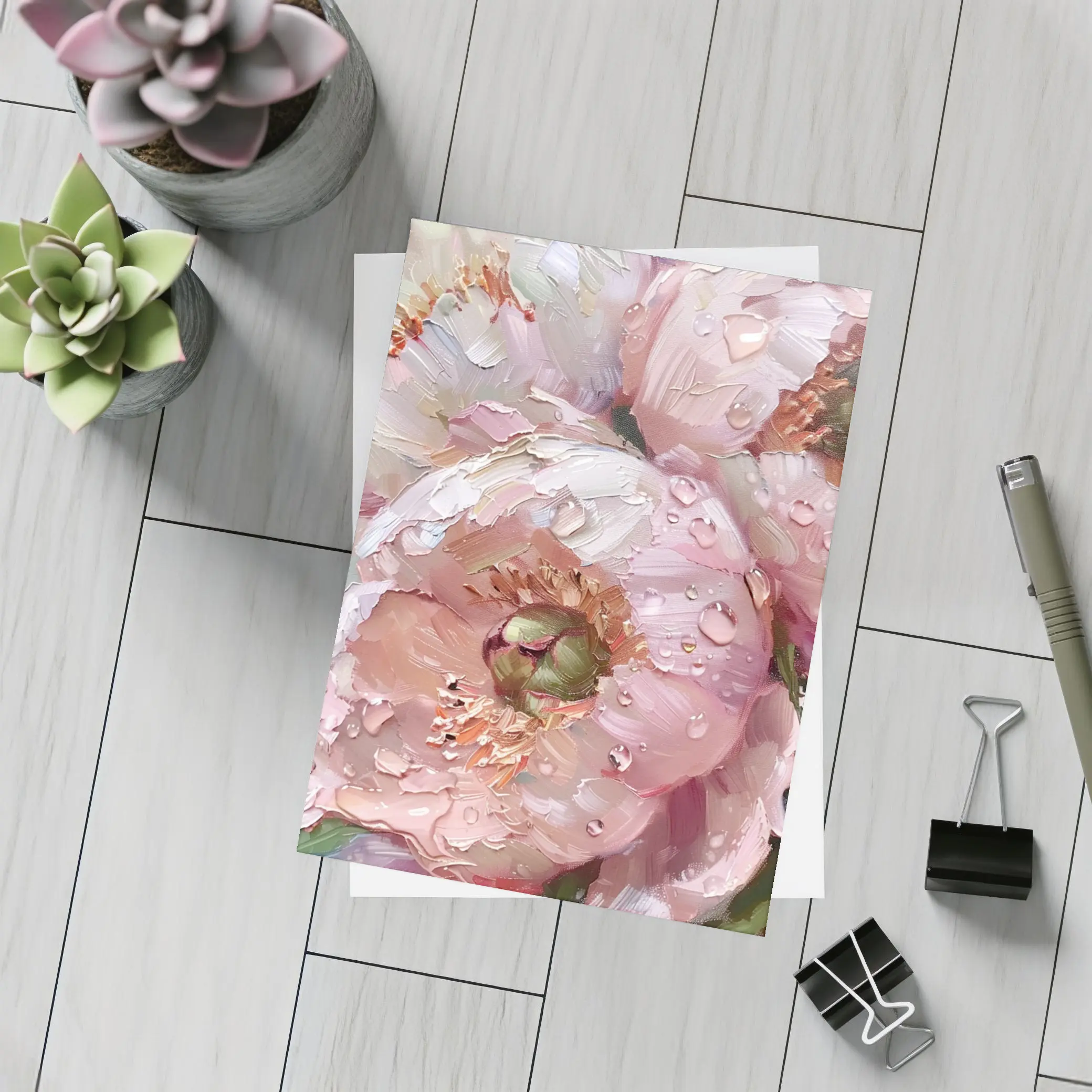 Pink Peonies Oil Painting With Water Drops – Postcards