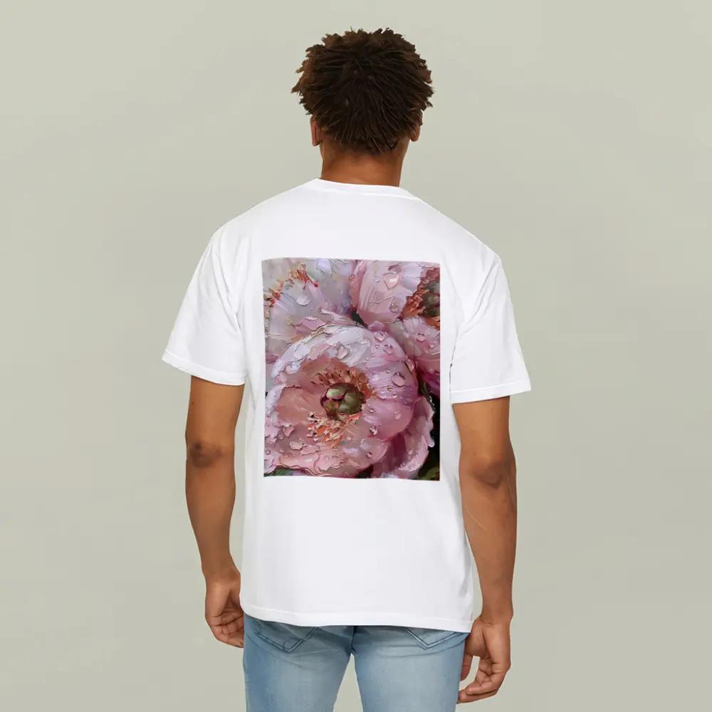 Pink Peonies Oil Painting With Water Drops – T-Shirts