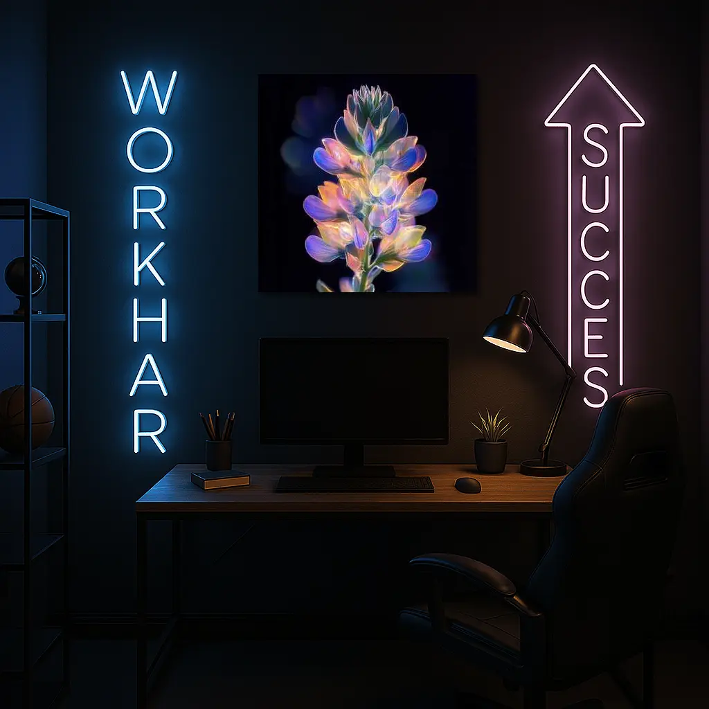 Glowing Lupin Flower Dark Background Neon – Wall Art