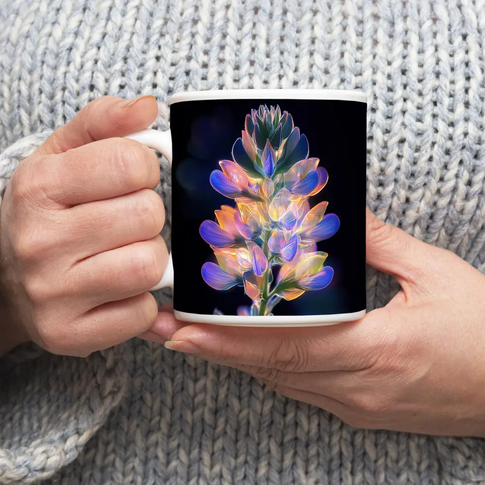 Glowing Lupin Flower Dark Background Neon – Mugs