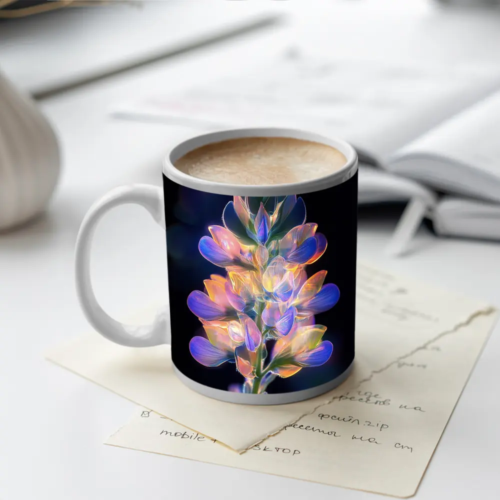 Glowing Lupin Flower Dark Background Neon – Mugs