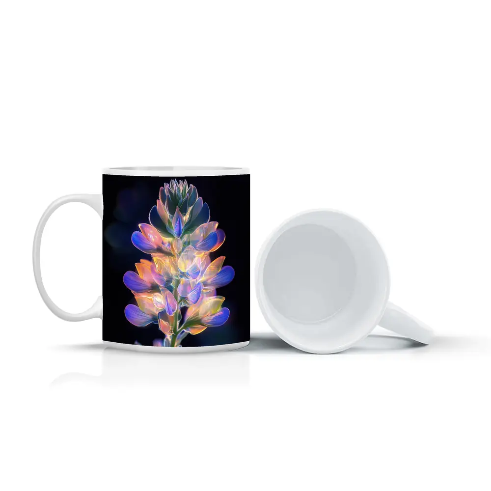 Glowing Lupin Flower Dark Background Neon – Mugs