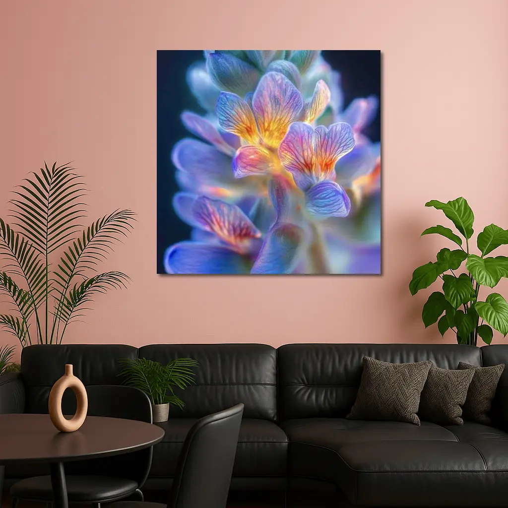 Glowing Freesia Flower Close Up Blue Background – Wall Art