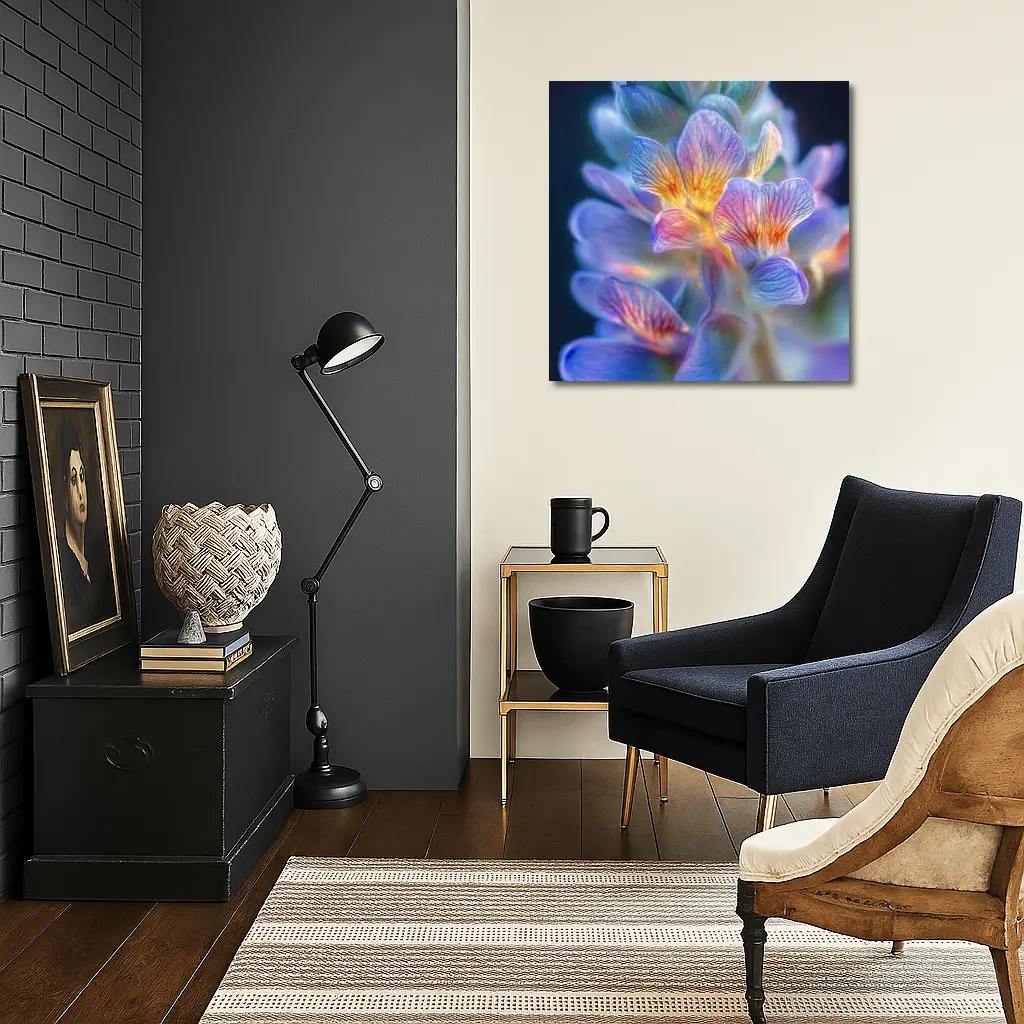 Glowing Freesia Flower Close Up Blue Background – Wall Art