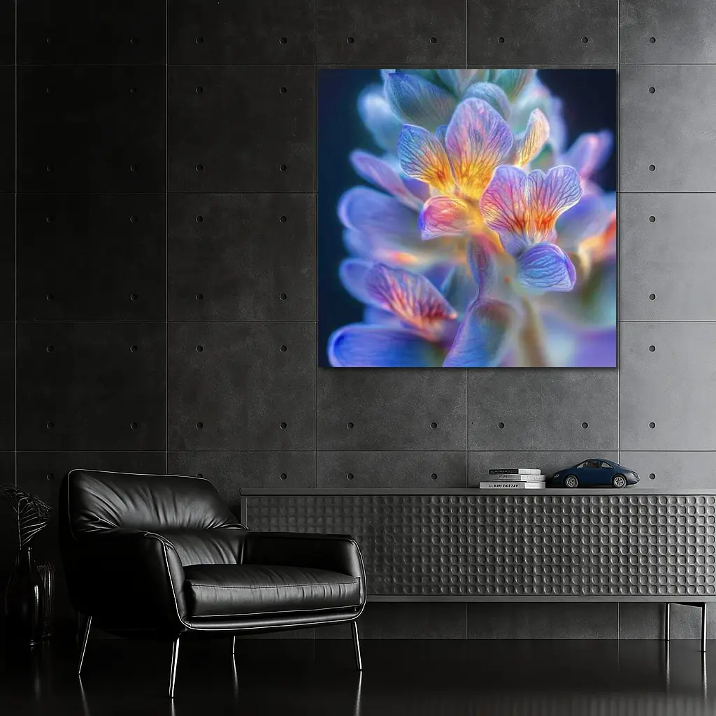 Glowing Freesia Flower Close Up Blue Background – Wall Art