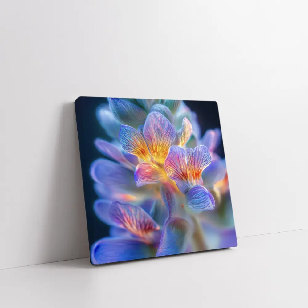 Glowing Freesia Flower Close Up Blue Background – Wall Art