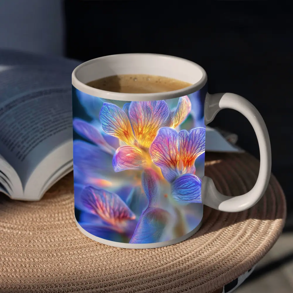 Glowing Freesia Flower Close Up Blue Background – Mugs