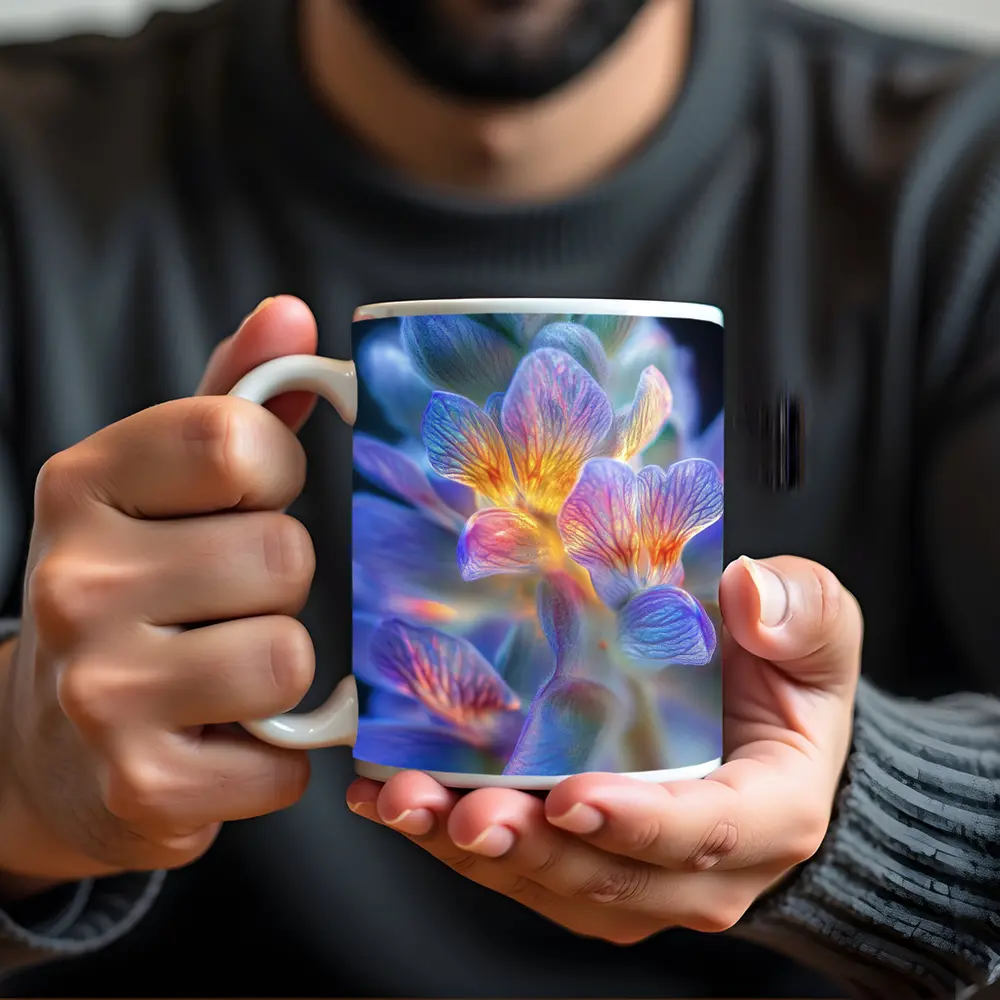 Glowing Freesia Flower Close Up Blue Background – Mugs
