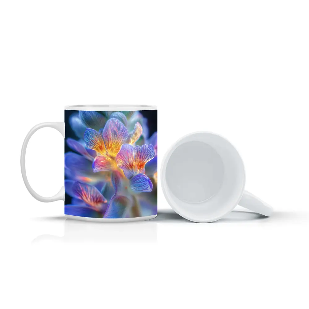 Glowing Freesia Flower Close Up Blue Background – Mugs
