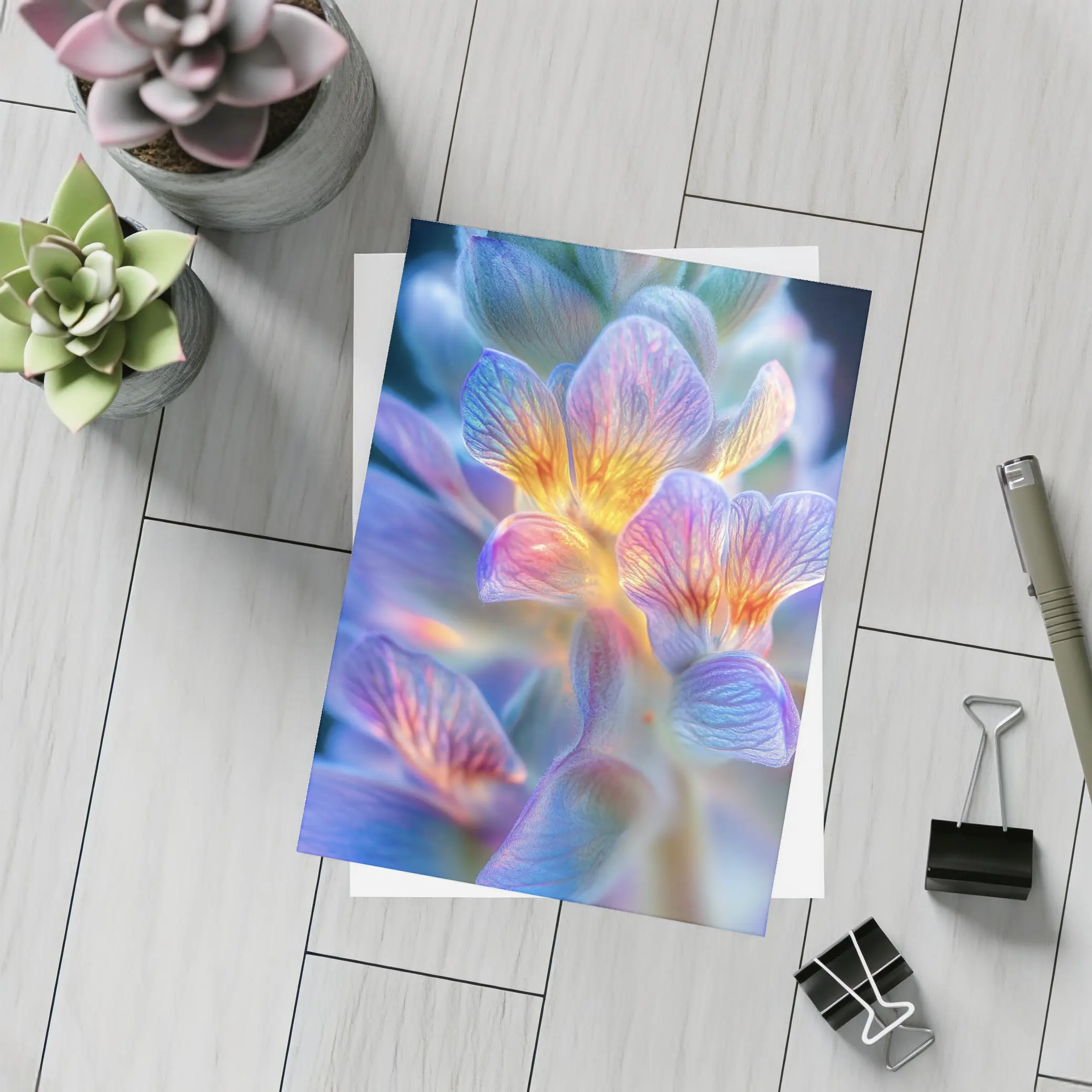Glowing Freesia Flower Close Up Blue Background – Postcards