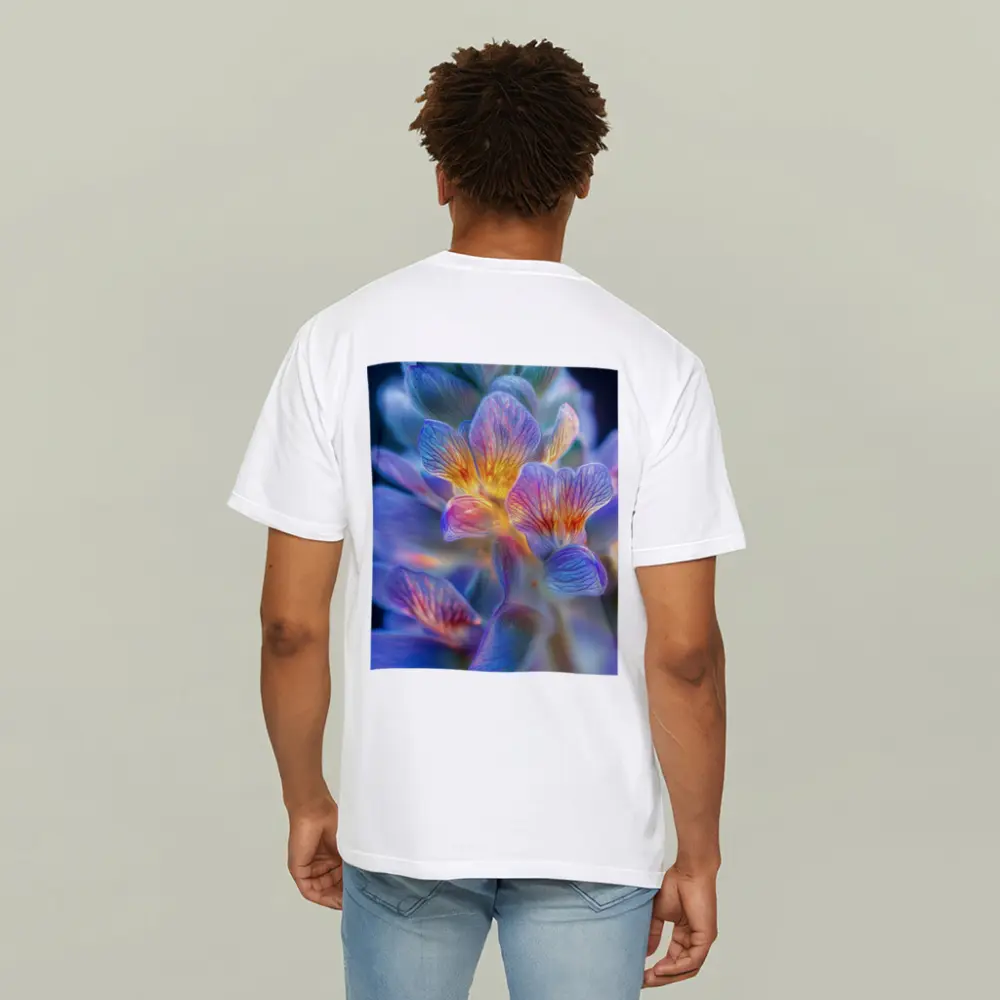 Glowing Freesia Flower Close Up Blue Background – T-Shirts