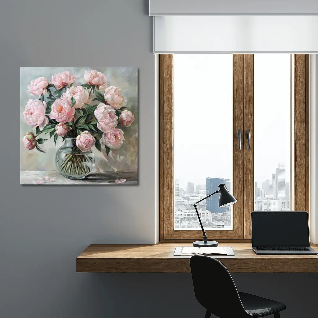 Pink Peonies Glass Vase Oil Painting – Wall Art