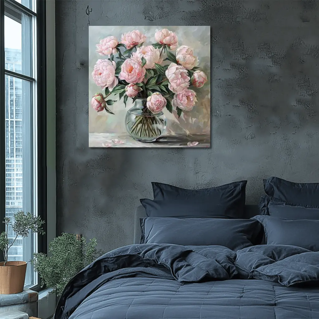 Pink Peonies Glass Vase Oil Painting – Wall Art