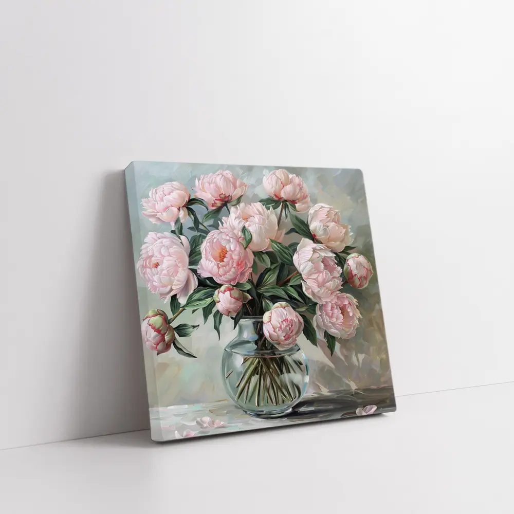 Pink Peonies Glass Vase Oil Painting – Wall Art