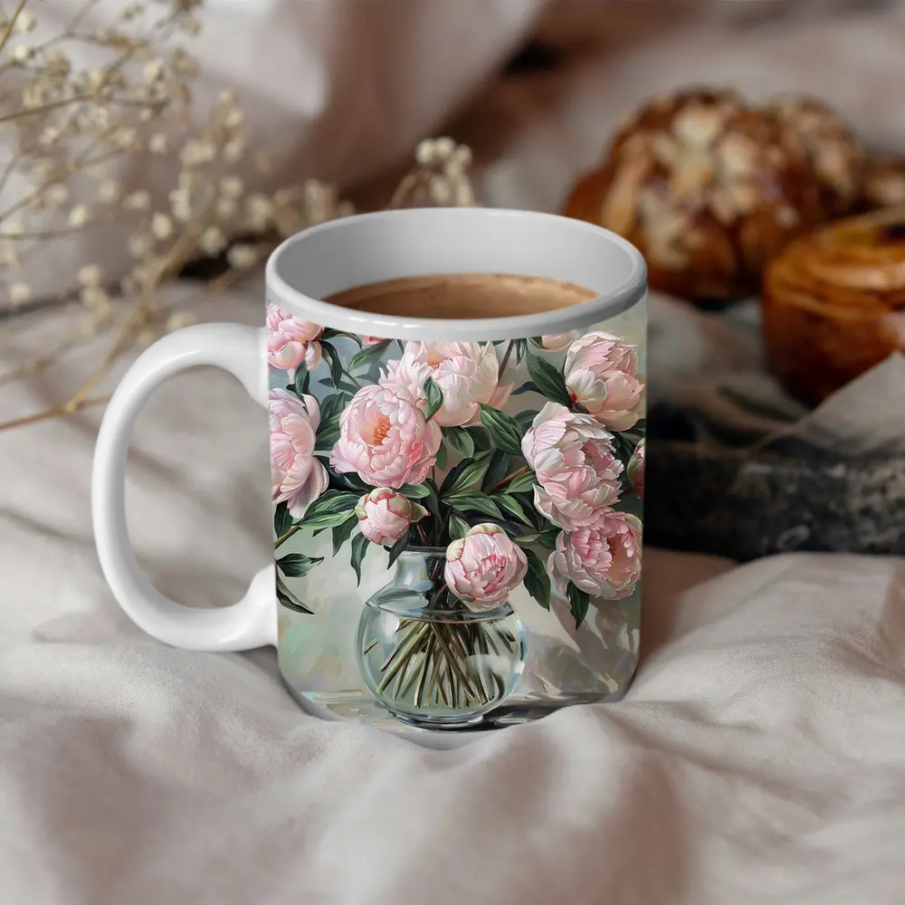 Pink Peonies Glass Vase Oil Painting – Mugs