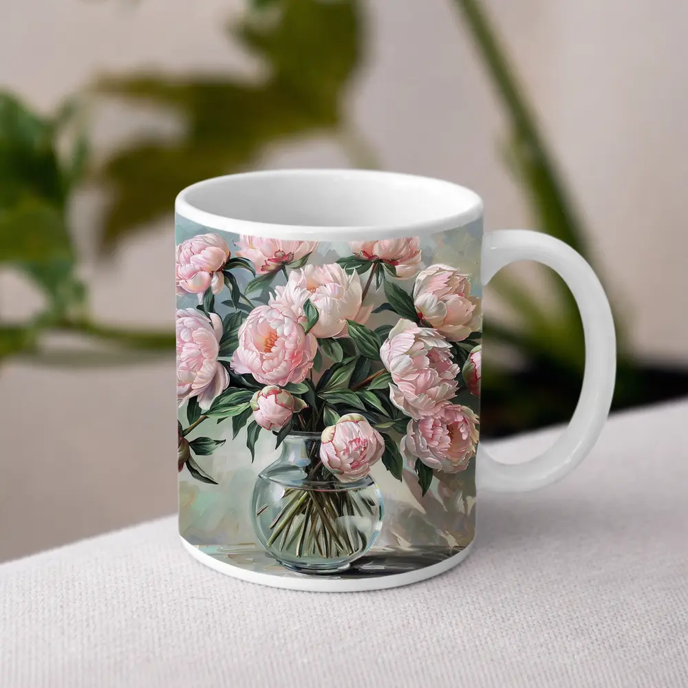 Pink Peonies Glass Vase Oil Painting – Mugs