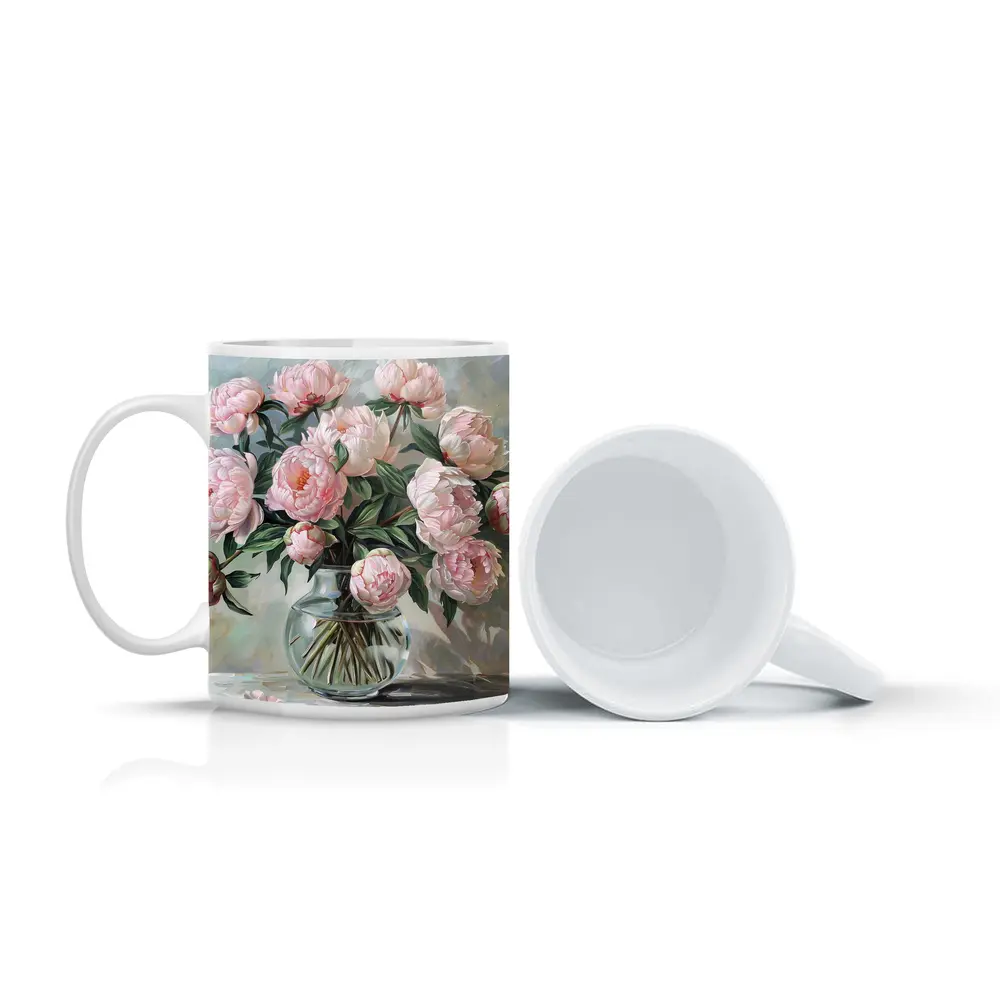Pink Peonies Glass Vase Oil Painting – Mugs