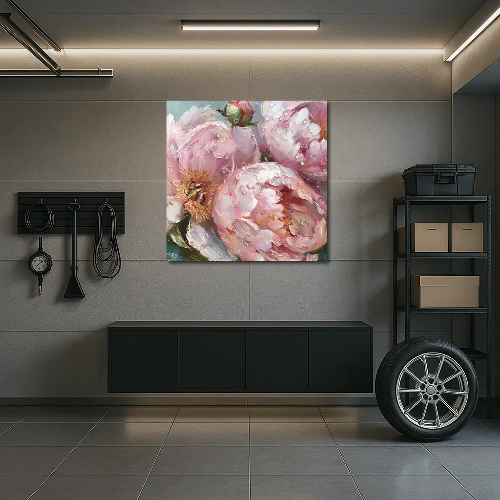 Pink Peonies Oil Painting With Water Drops – Wall Art