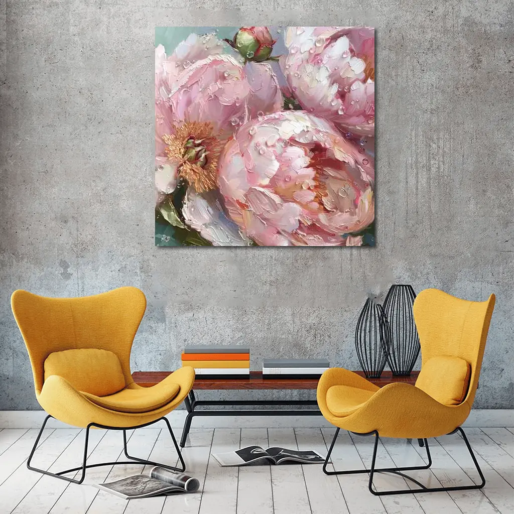 Pink Peonies Oil Painting With Water Drops – Wall Art