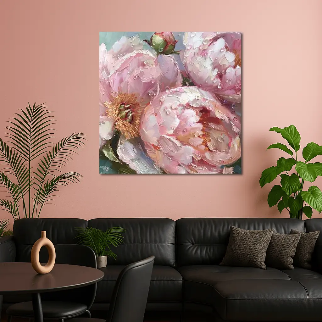 Pink Peonies Oil Painting With Water Drops – Wall Art