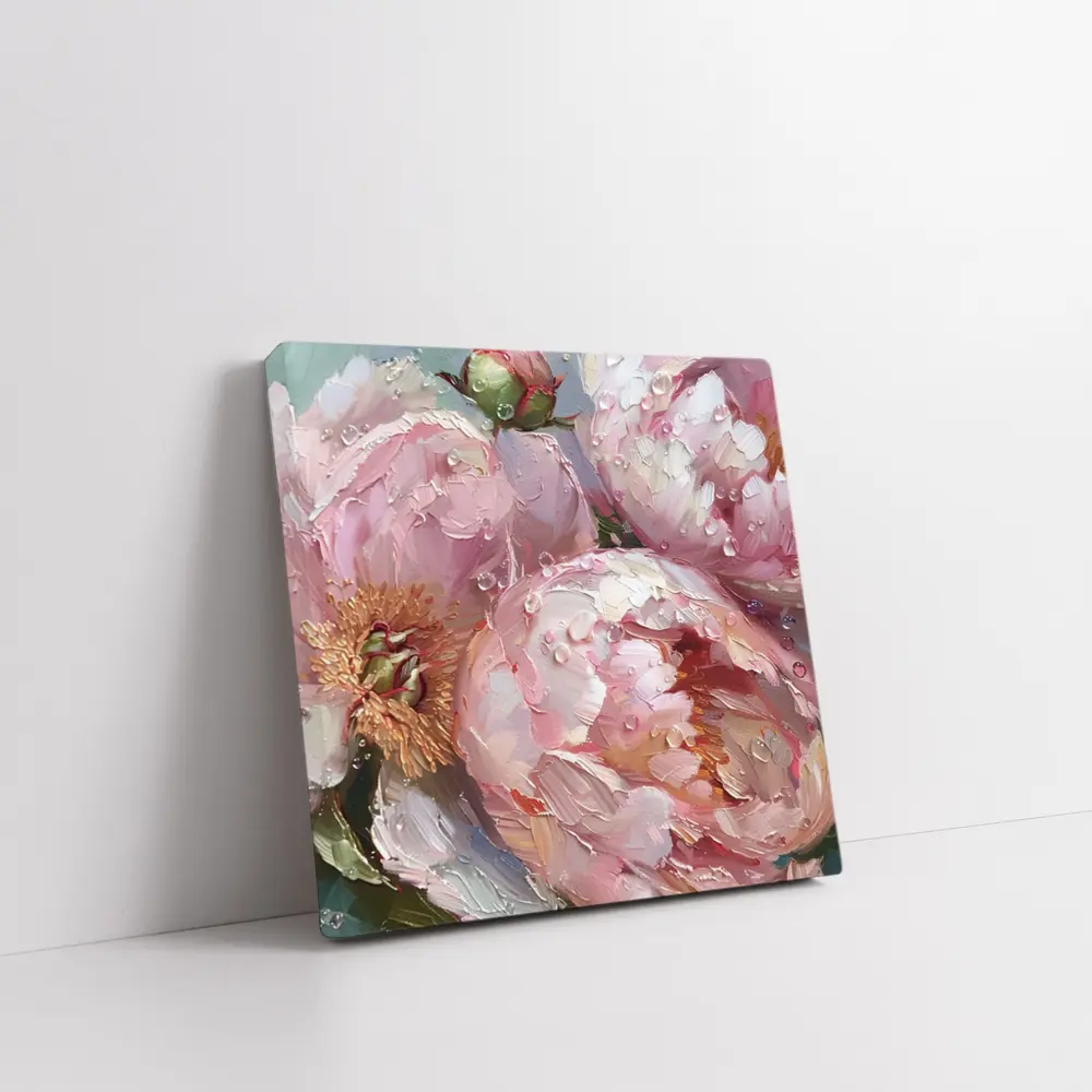 Pink Peonies Oil Painting With Water Drops – Wall Art
