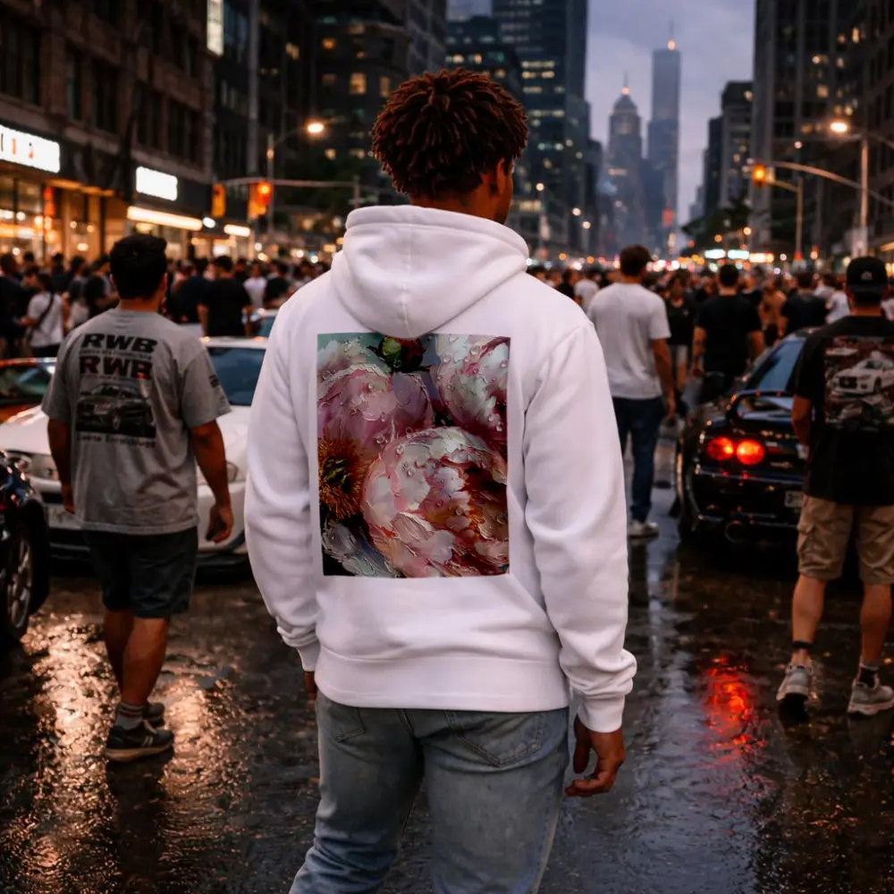 Pink Peonies Oil Painting With Water Drops – Hoodies