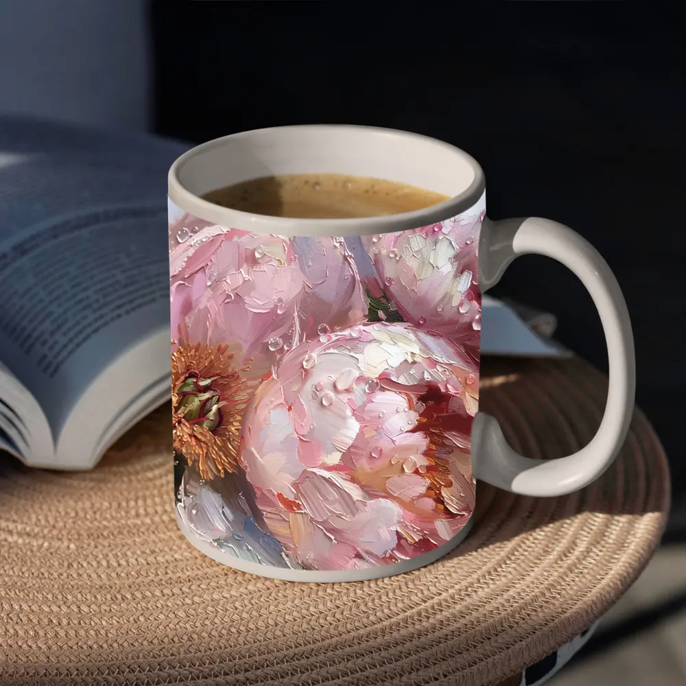 Pink Peonies Oil Painting With Water Drops – Mugs