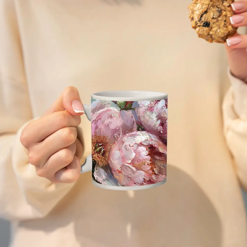 Pink Peonies Oil Painting With Water Drops – Mugs