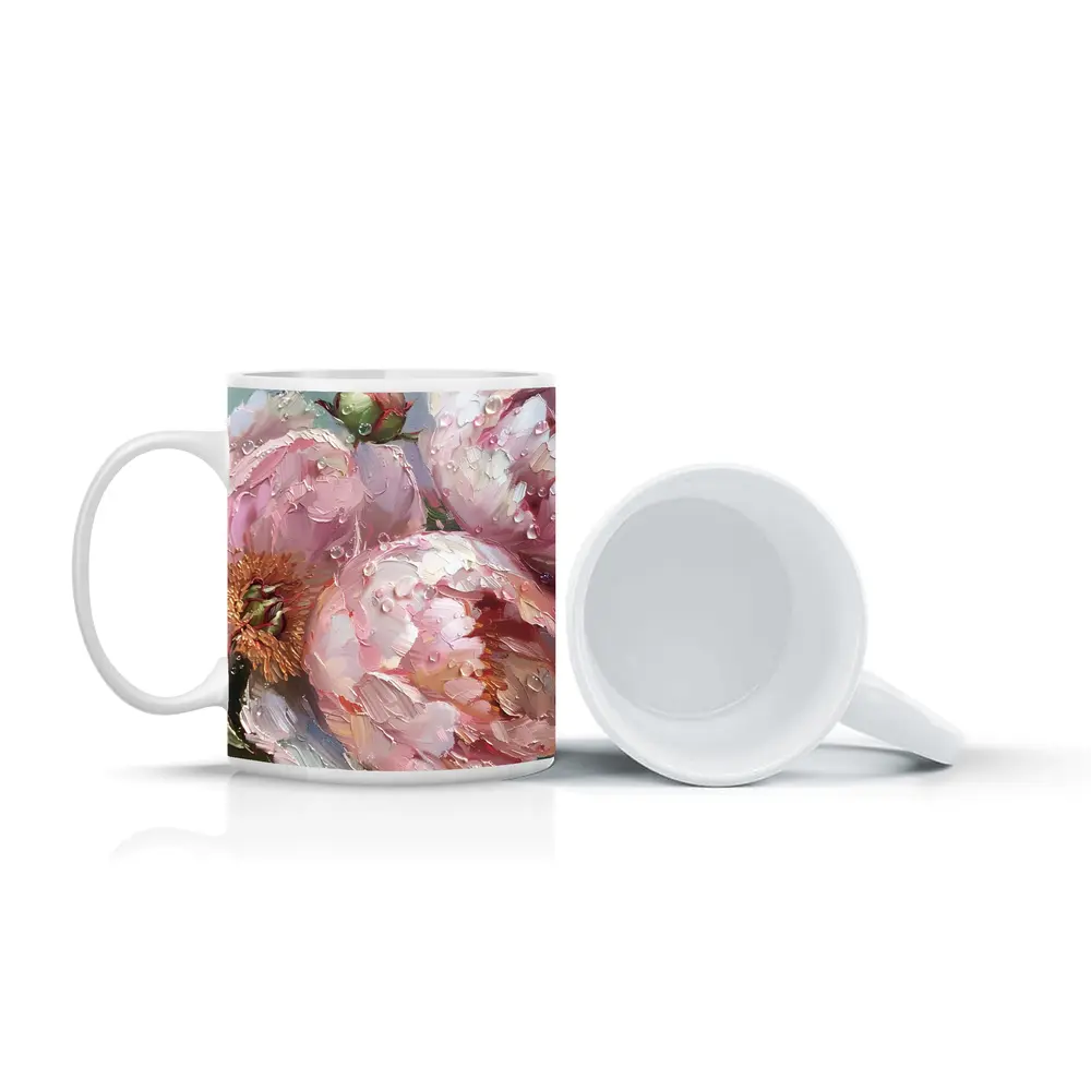 Pink Peonies Oil Painting With Water Drops – Mugs
