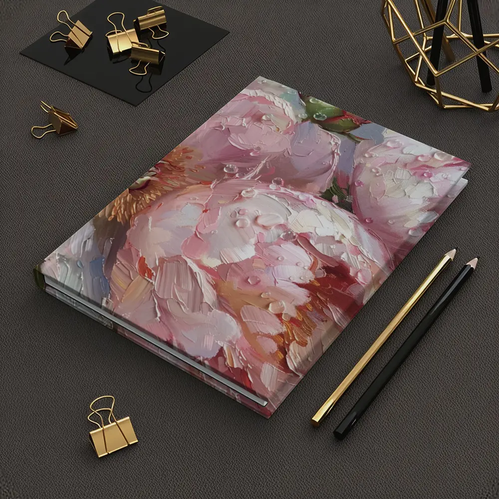 Pink Peonies Oil Painting With Water Drops – Notebooks