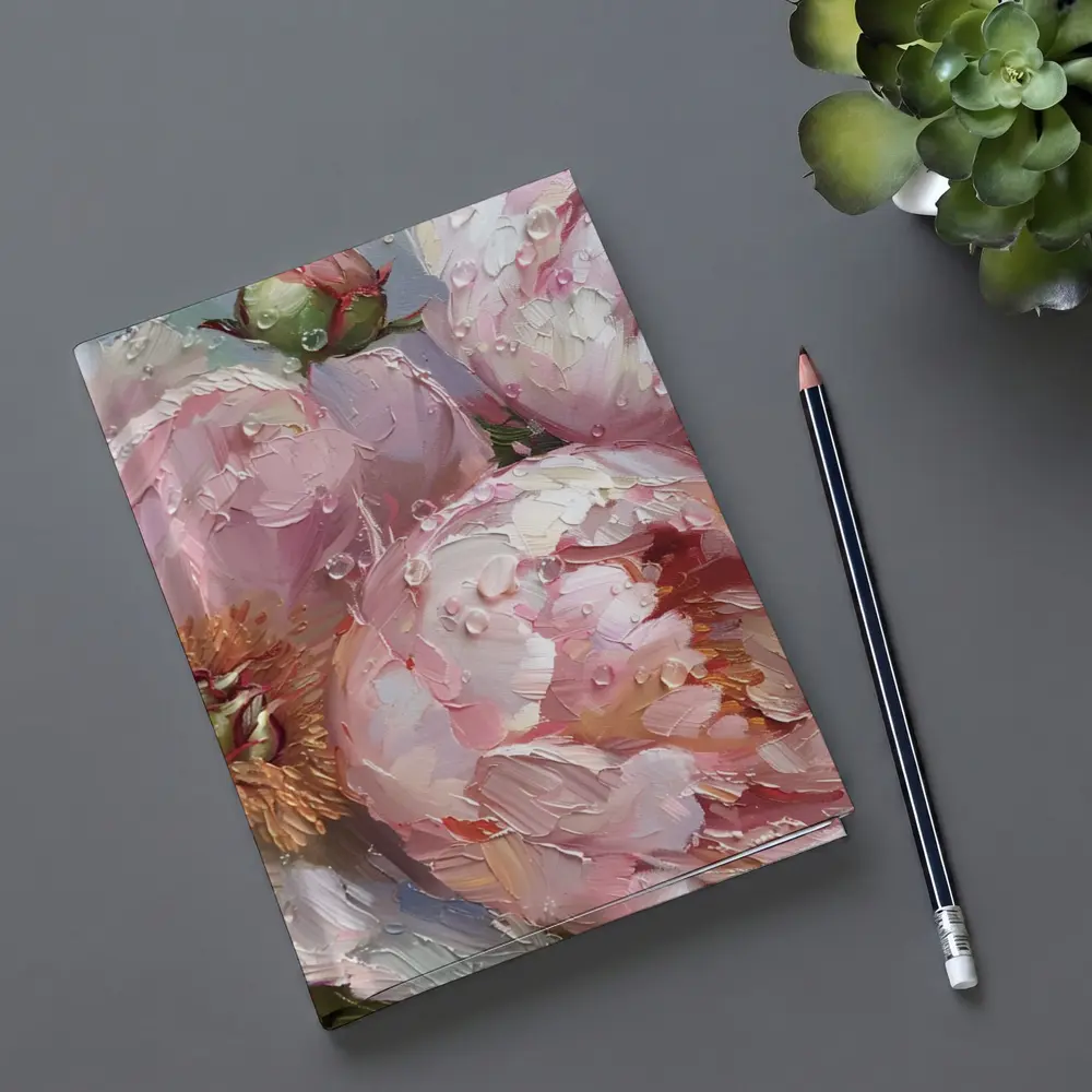 Pink Peonies Oil Painting With Water Drops – Notebooks