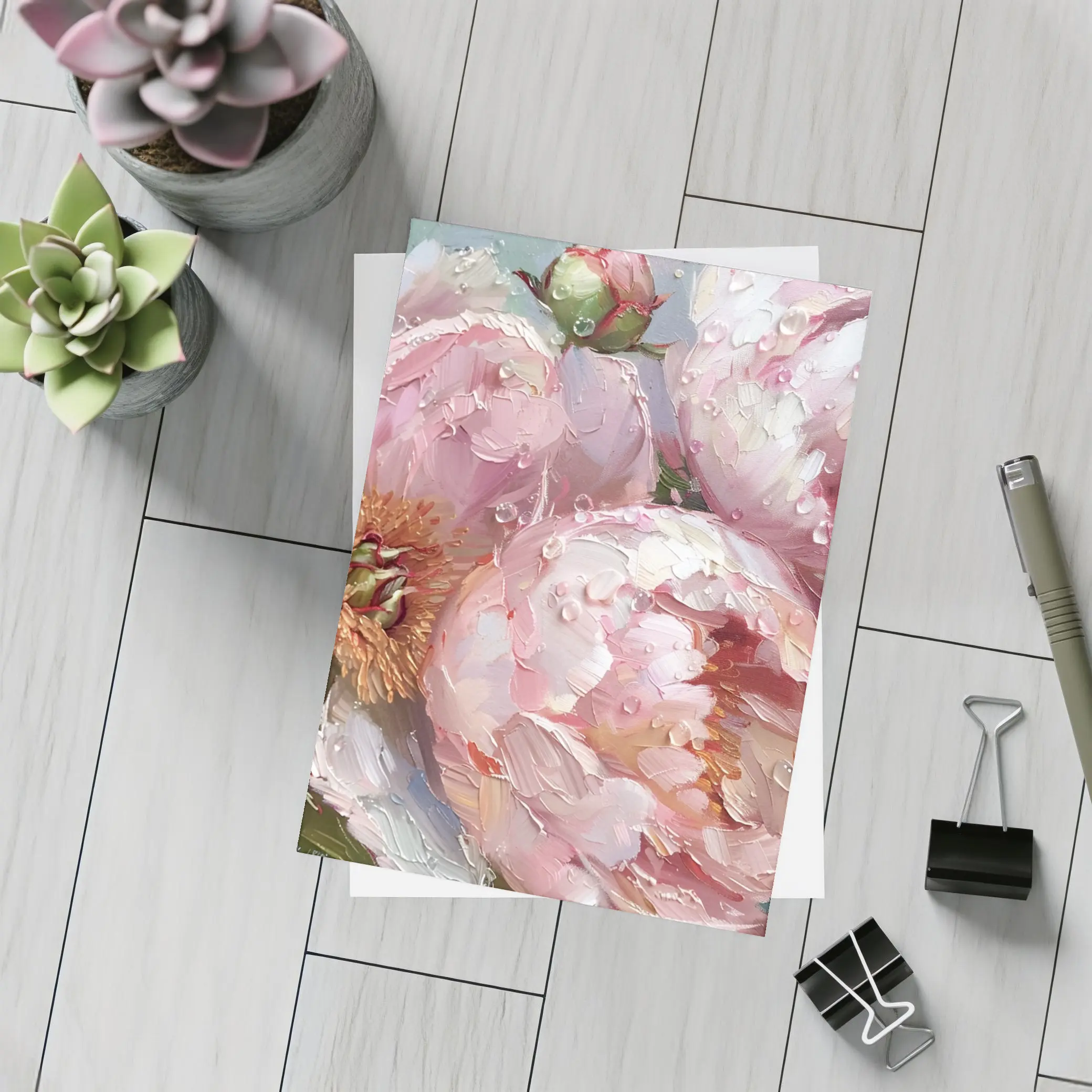 Pink Peonies Oil Painting With Water Drops – Postcards