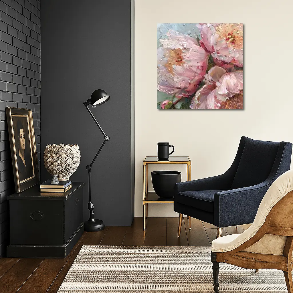 Pink Peonies Oil Painting Rainy Day – Wall Art