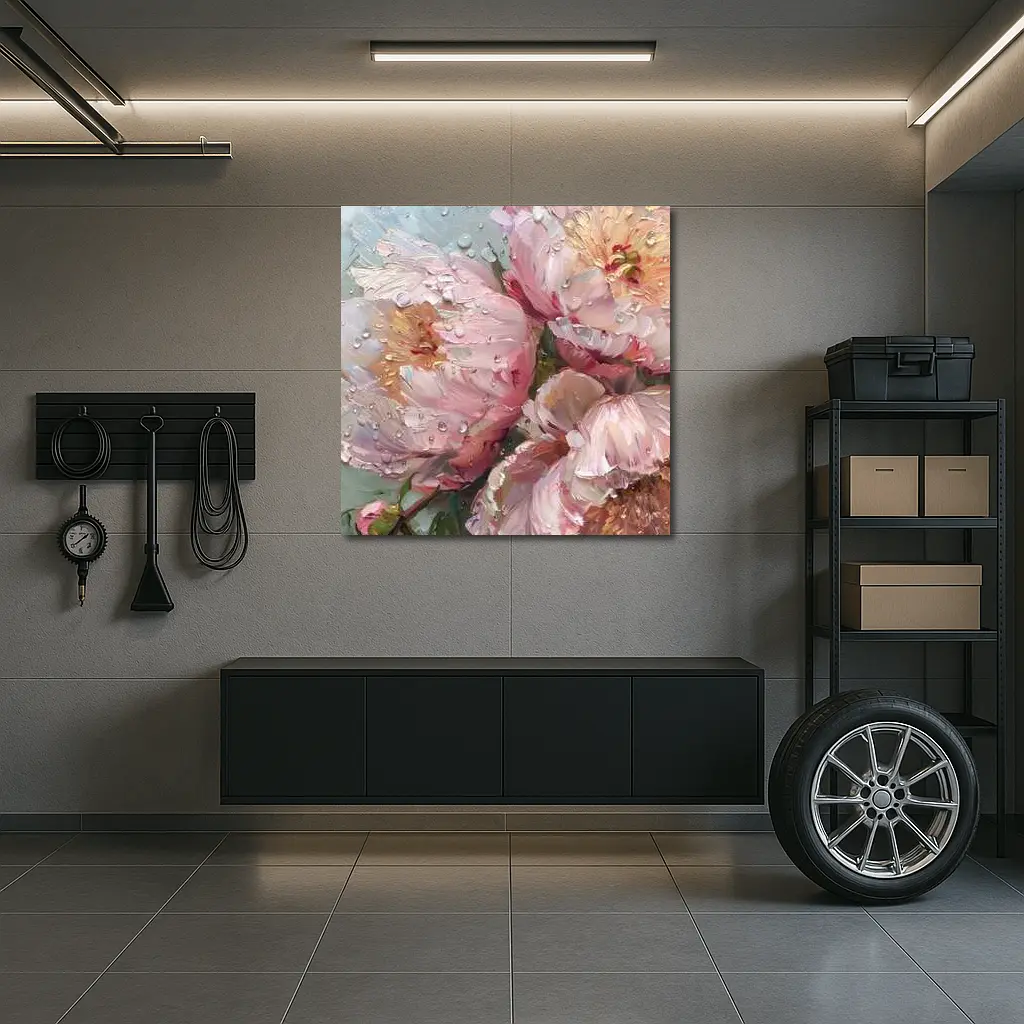 Pink Peonies Oil Painting Rainy Day – Wall Art