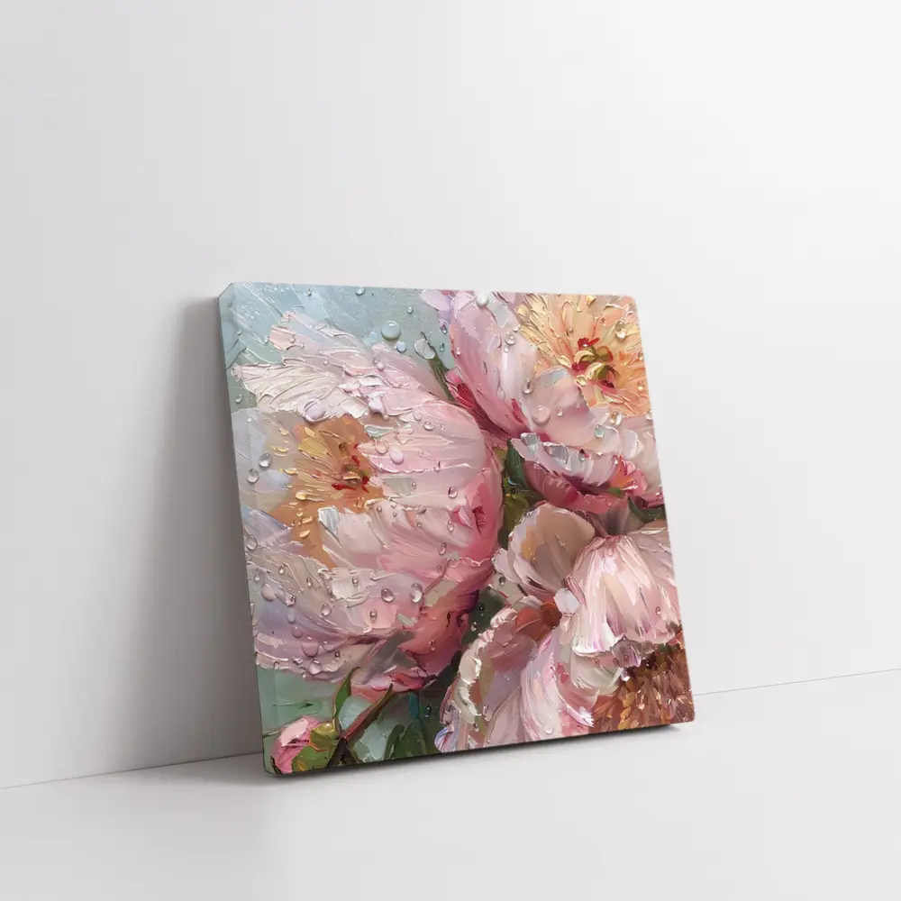 Pink Peonies Oil Painting Rainy Day – Wall Art