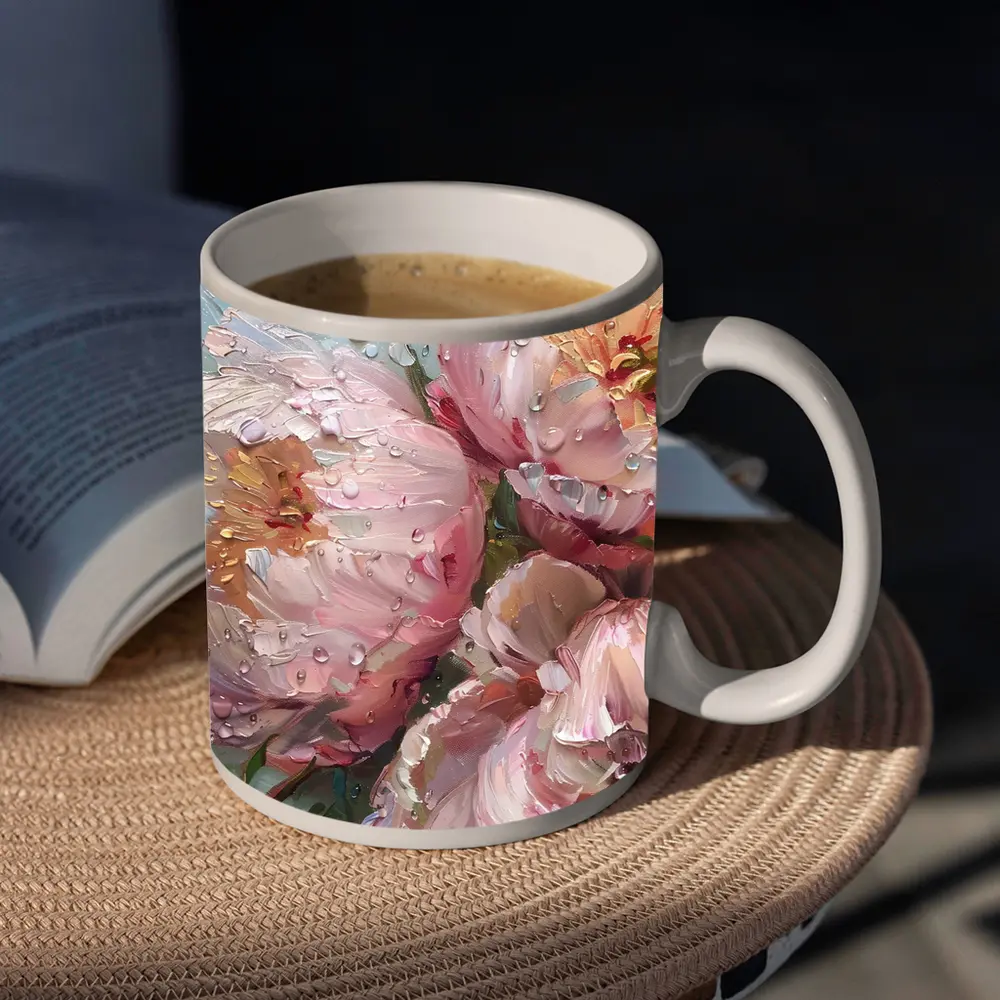 Pink Peonies Oil Painting Rainy Day – Mugs