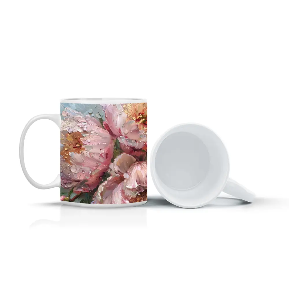 Pink Peonies Oil Painting Rainy Day – Mugs