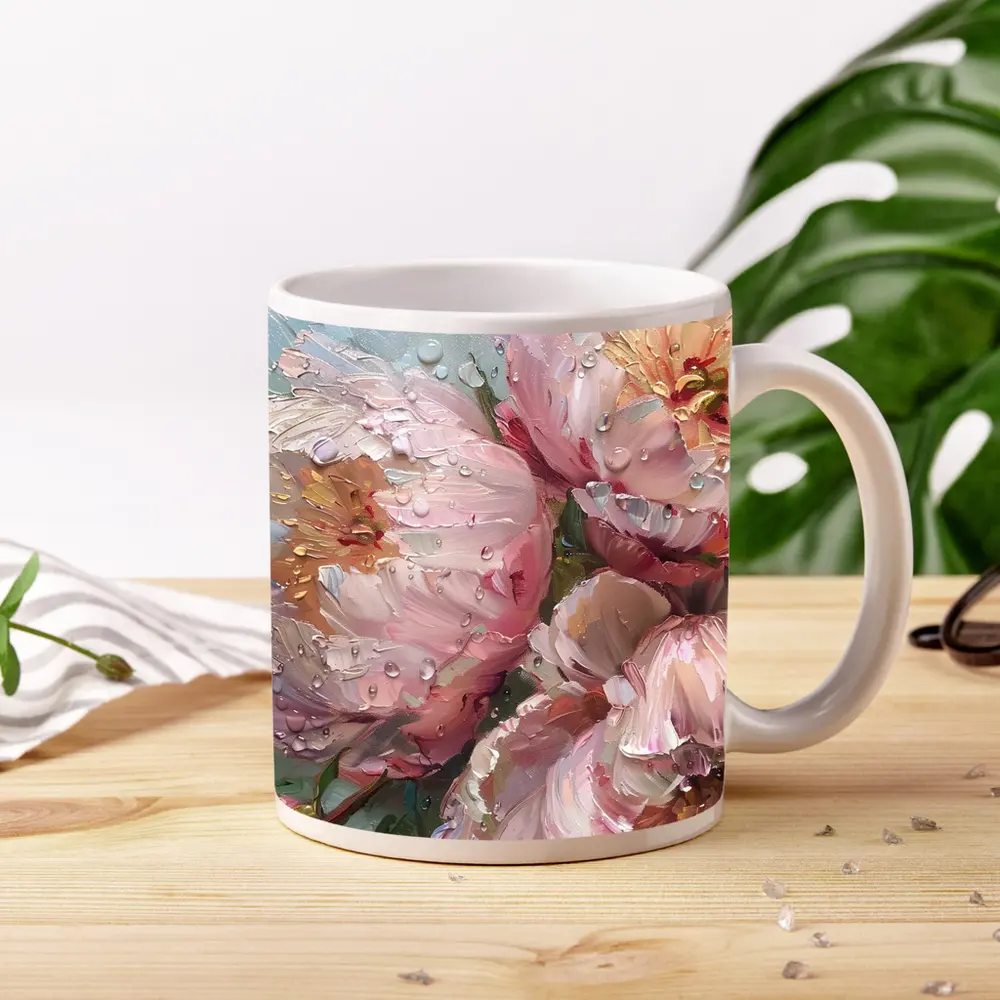 Pink Peonies Oil Painting Rainy Day – Mugs
