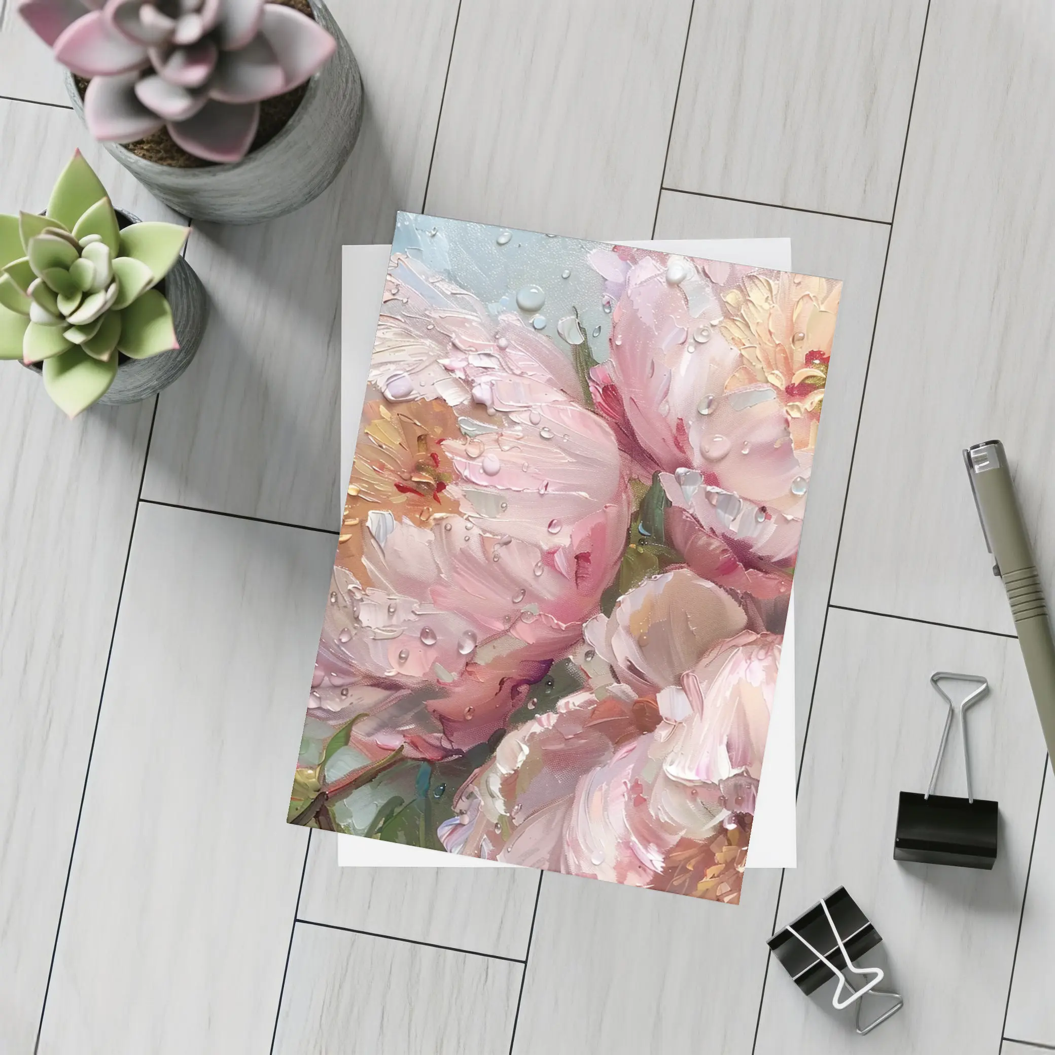 Pink Peonies Oil Painting Rainy Day – Postcards