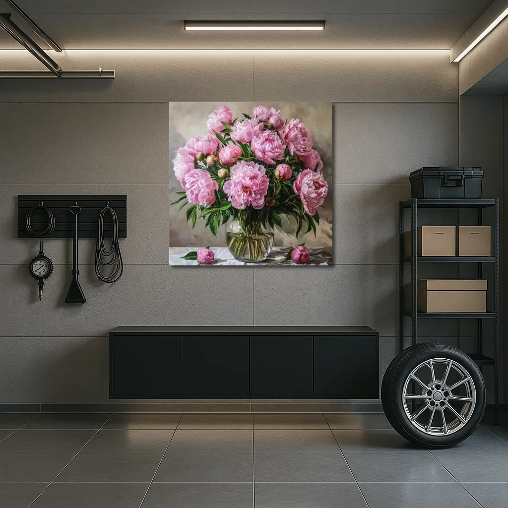 Pink Peonies Bouquet Glass Vase Painting – Wall Art