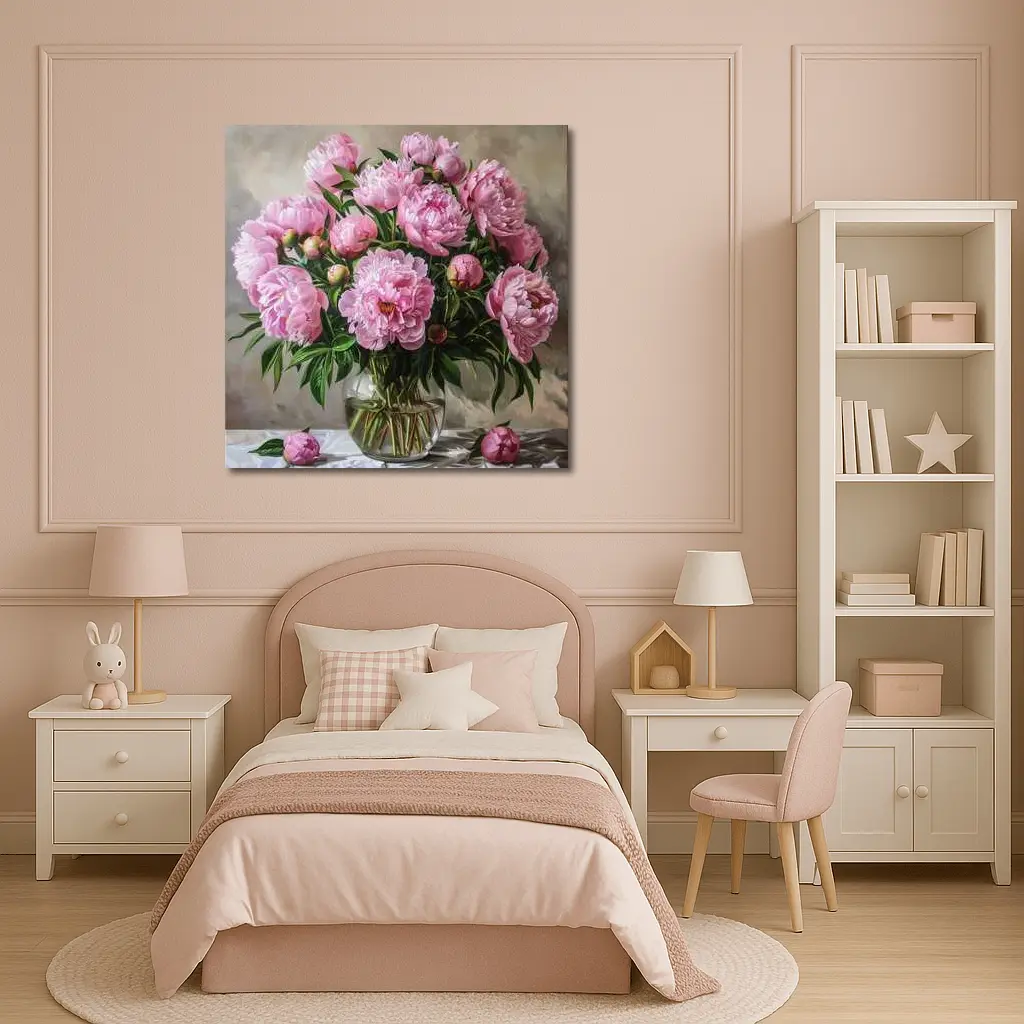 Pink Peonies Bouquet Glass Vase Painting – Wall Art