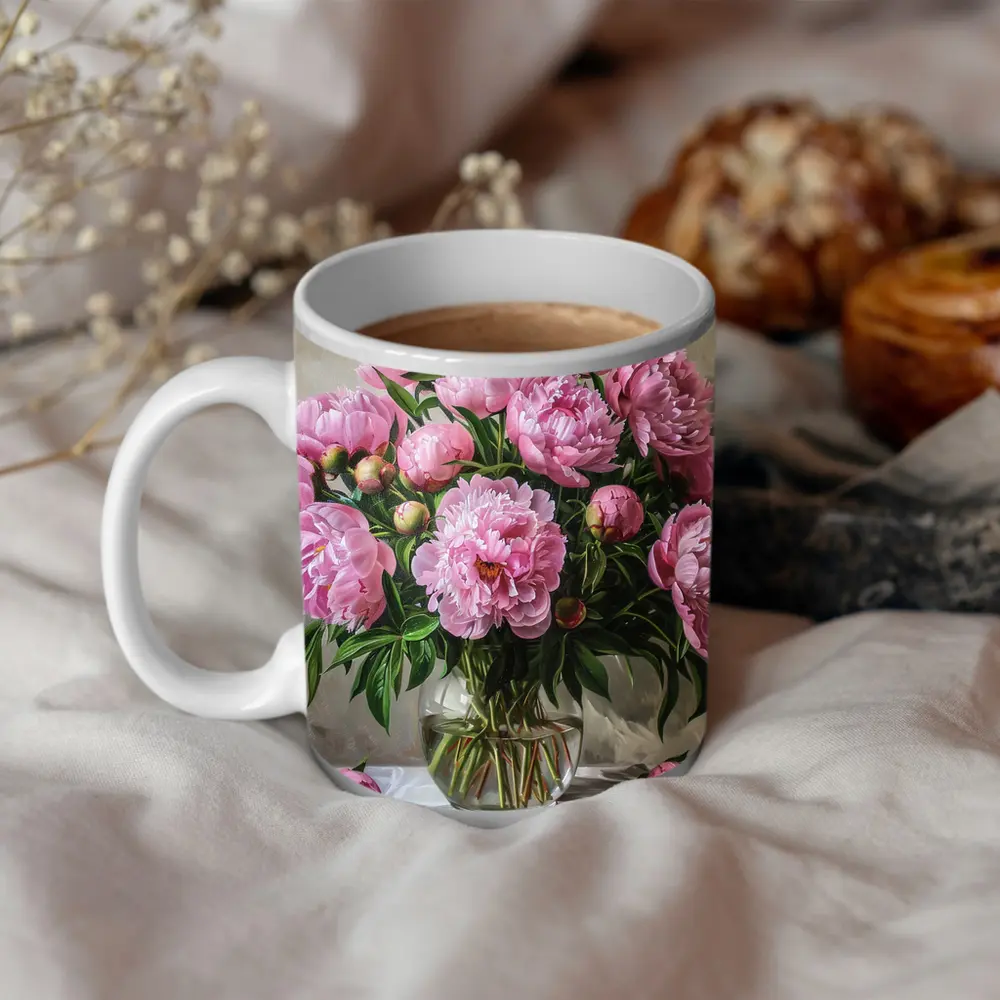 Pink Peonies Bouquet Glass Vase Painting – Mugs