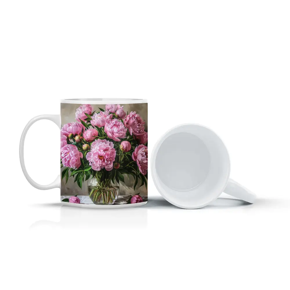 Pink Peonies Bouquet Glass Vase Painting – Mugs