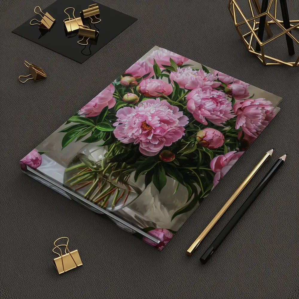 Pink Peonies Bouquet Glass Vase Painting – Notebooks